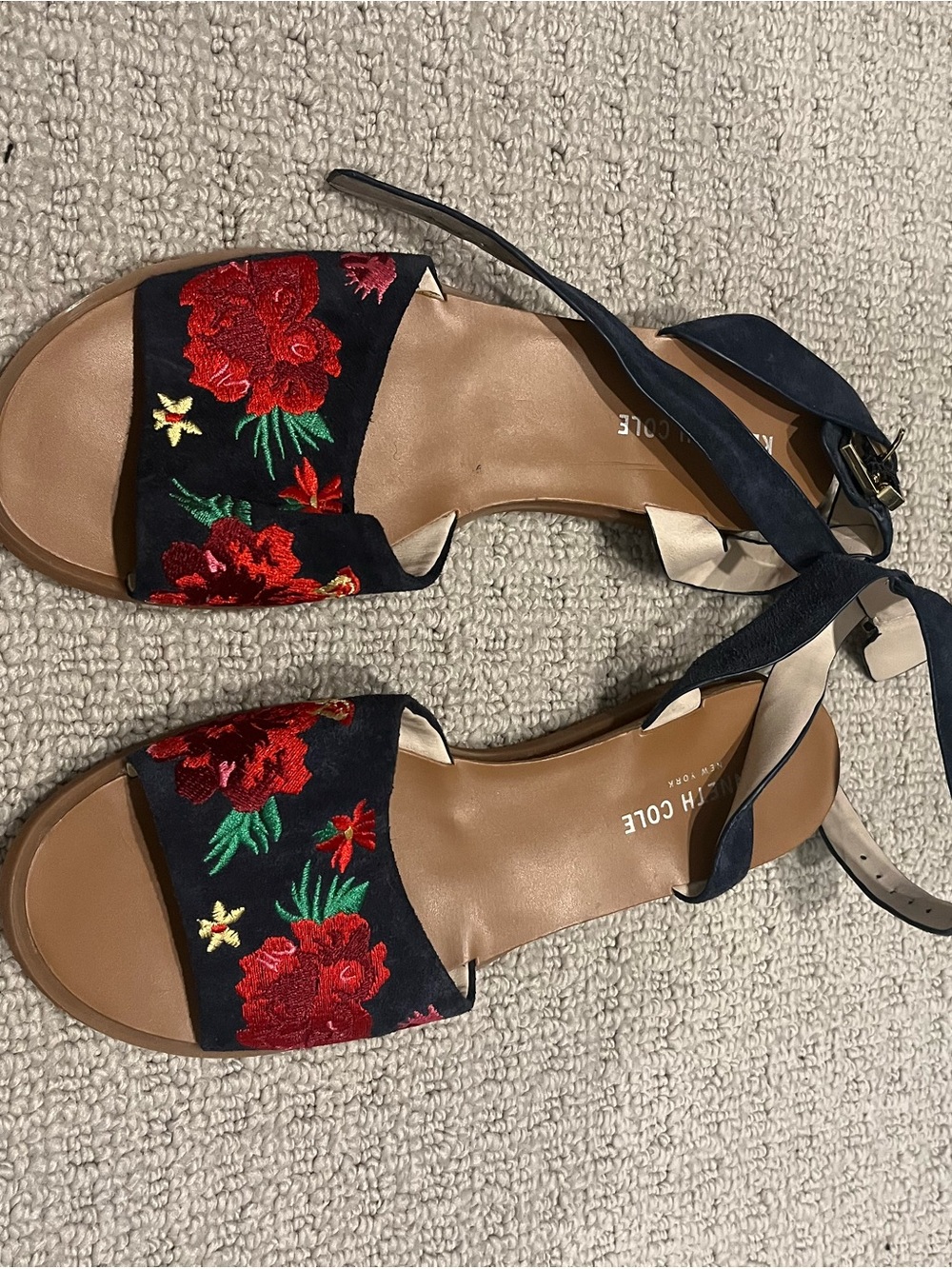 Kenneth Cole Navy Sandals with Red Floral Embroidery